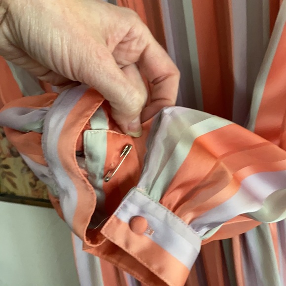 60s 70s VINTAGE LESLIE FAY SILKY LS STRIPE BELTED PRARIE BOHO MIDI DRESS 6 VTG - Picture 14 of 16